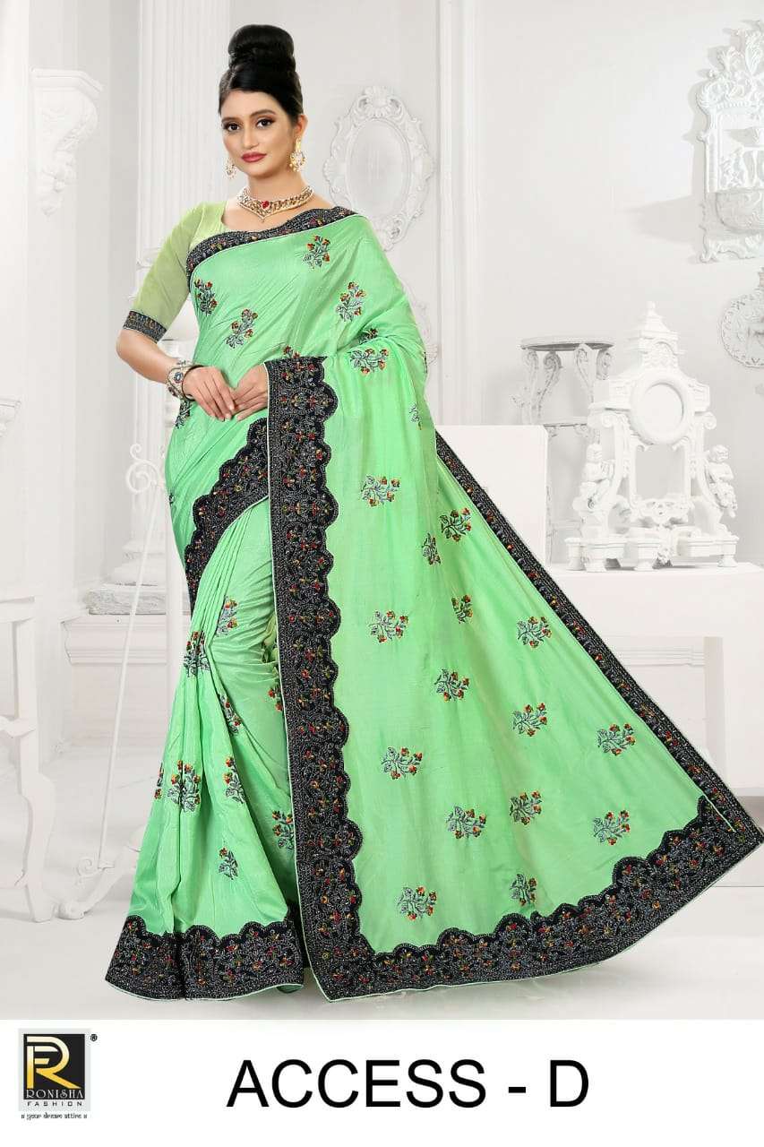 ACCESS BY RONISHA FASHION A TO E SERIES INDIAN TRADITIONAL WEAR COLLECTION BEAUTIFUL STYLISH FANCY COLORFUL PARTY WEAR & OCCASIONAL WEAR DOLA SILK EMBROIDERED SAREES AT WHOLESALE PRICE
