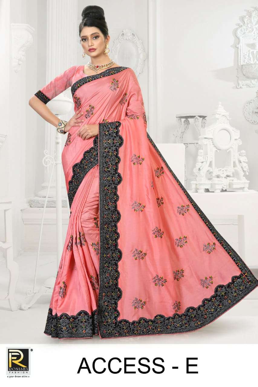 ACCESS BY RONISHA FASHION A TO E SERIES INDIAN TRADITIONAL WEAR COLLECTION BEAUTIFUL STYLISH FANCY COLORFUL PARTY WEAR & OCCASIONAL WEAR DOLA SILK EMBROIDERED SAREES AT WHOLESALE PRICE