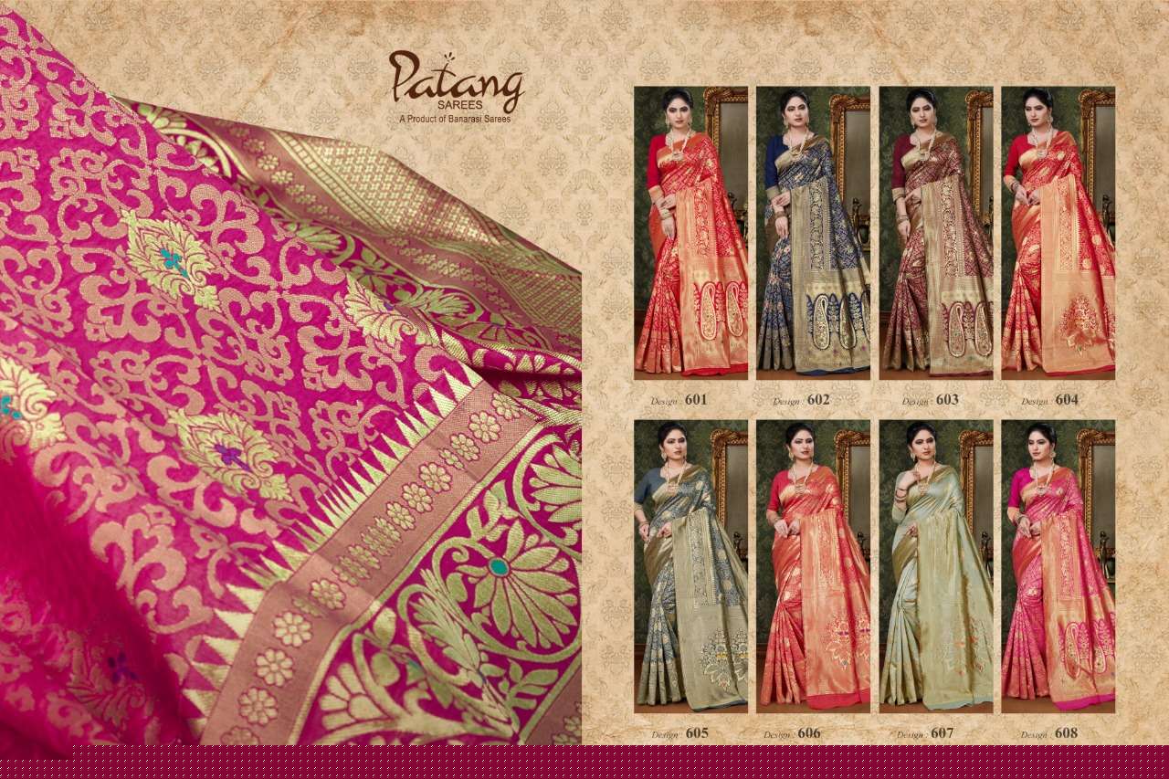 PARINEETI BY PATANG SAREES 601 TO 608 SERIES INDIAN TRADITIONAL WEAR COLLECTION BEAUTIFUL STYLISH FANCY COLORFUL PARTY WEAR & OCCASIONAL WEAR SILK SAREES AT WHOLESALE PRICE