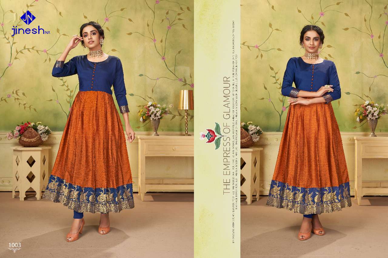 AVIKA BY JINESH NX 1001 TO 1006 SERIES DESIGNER STYLISH FANCY COLORFUL BEAUTIFUL PARTY WEAR & ETHNIC WEAR COLLECTION TAFETA JACQUARD KURTIS AT WHOLESALE PRICE
