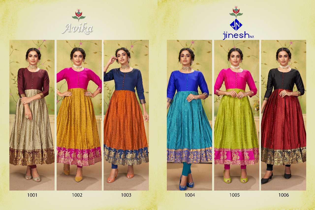 AVIKA BY JINESH NX 1001 TO 1006 SERIES DESIGNER STYLISH FANCY COLORFUL BEAUTIFUL PARTY WEAR & ETHNIC WEAR COLLECTION TAFETA JACQUARD KURTIS AT WHOLESALE PRICE
