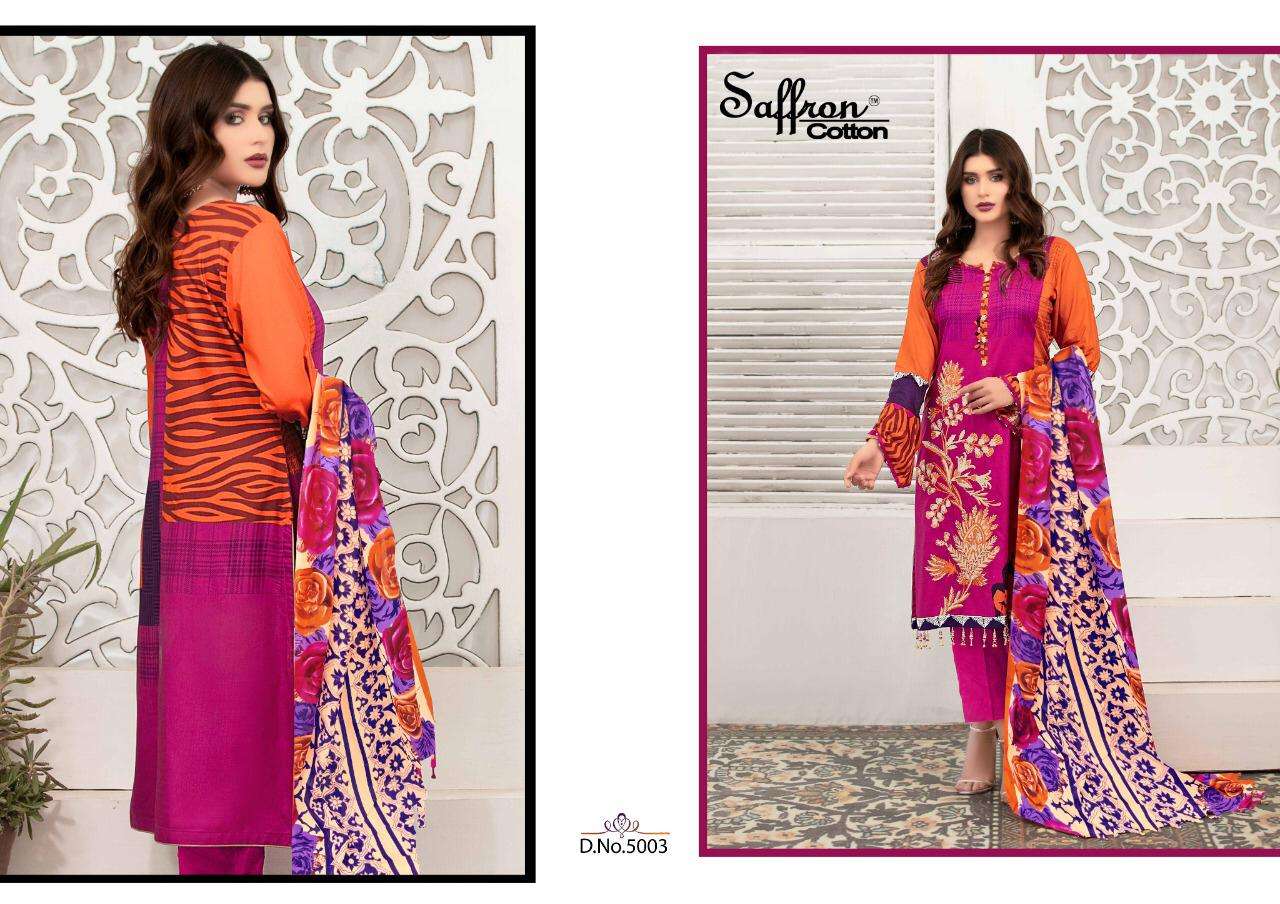 GULZAR KARACHI COTTON VOL-5 BY SAFFRON COTTON 5001 TO 5010 SERIES BEAUTIFUL SUITS COLORFUL STYLISH FANCY CASUAL WEAR & ETHNIC WEAR PURE COTTON PRINT DRESSES AT WHOLESALE PRICE