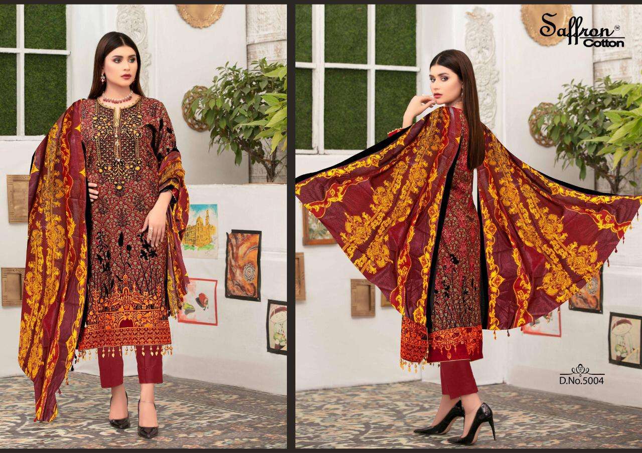 GULZAR KARACHI COTTON VOL-5 BY SAFFRON COTTON 5001 TO 5010 SERIES BEAUTIFUL SUITS COLORFUL STYLISH FANCY CASUAL WEAR & ETHNIC WEAR PURE COTTON PRINT DRESSES AT WHOLESALE PRICE