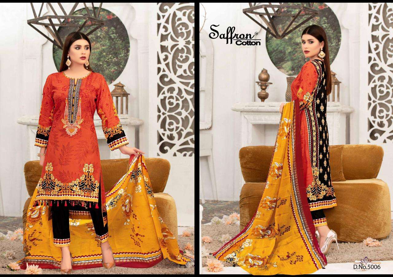 GULZAR KARACHI COTTON VOL-5 BY SAFFRON COTTON 5001 TO 5010 SERIES BEAUTIFUL SUITS COLORFUL STYLISH FANCY CASUAL WEAR & ETHNIC WEAR PURE COTTON PRINT DRESSES AT WHOLESALE PRICE