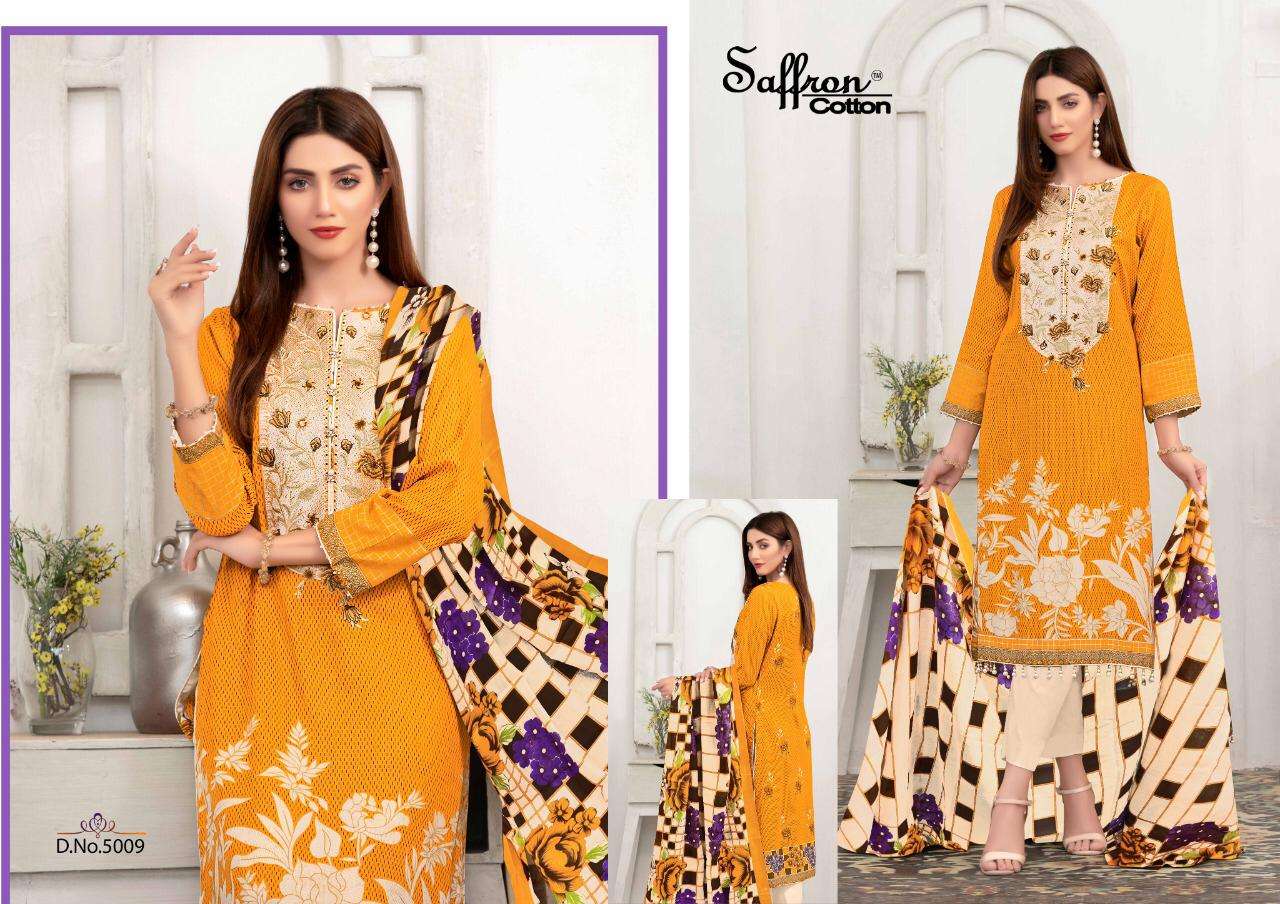 GULZAR KARACHI COTTON VOL-5 BY SAFFRON COTTON 5001 TO 5010 SERIES BEAUTIFUL SUITS COLORFUL STYLISH FANCY CASUAL WEAR & ETHNIC WEAR PURE COTTON PRINT DRESSES AT WHOLESALE PRICE
