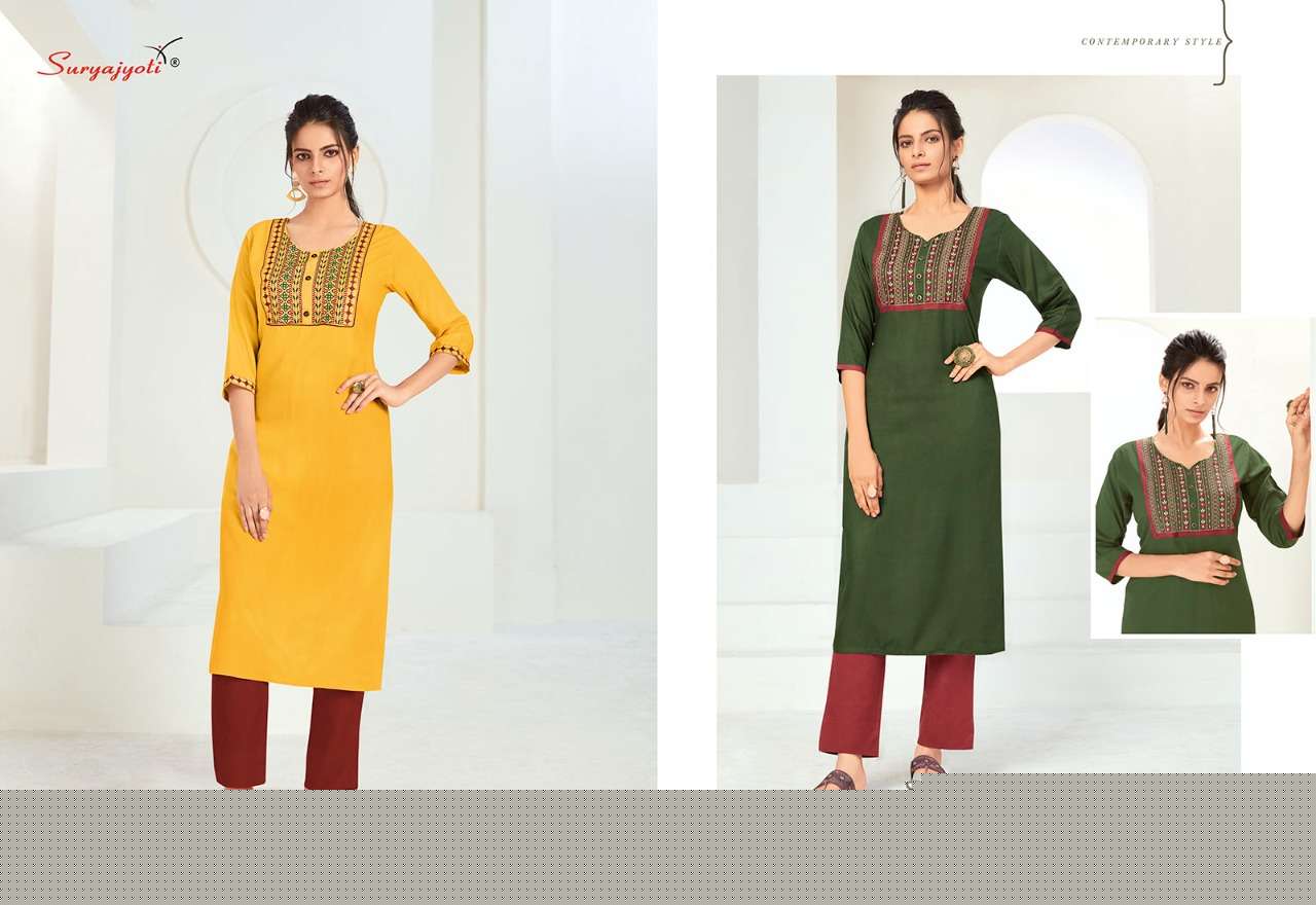 NIRJA VOL-1 BY SURYAJYOTI 1001 TO 1008 SERIES DESIGNER STYLISH FANCY COLORFUL BEAUTIFUL PARTY WEAR & ETHNIC WEAR COLLECTION RAYON EMBROIDERY KURTIS AT WHOLESALE PRICE