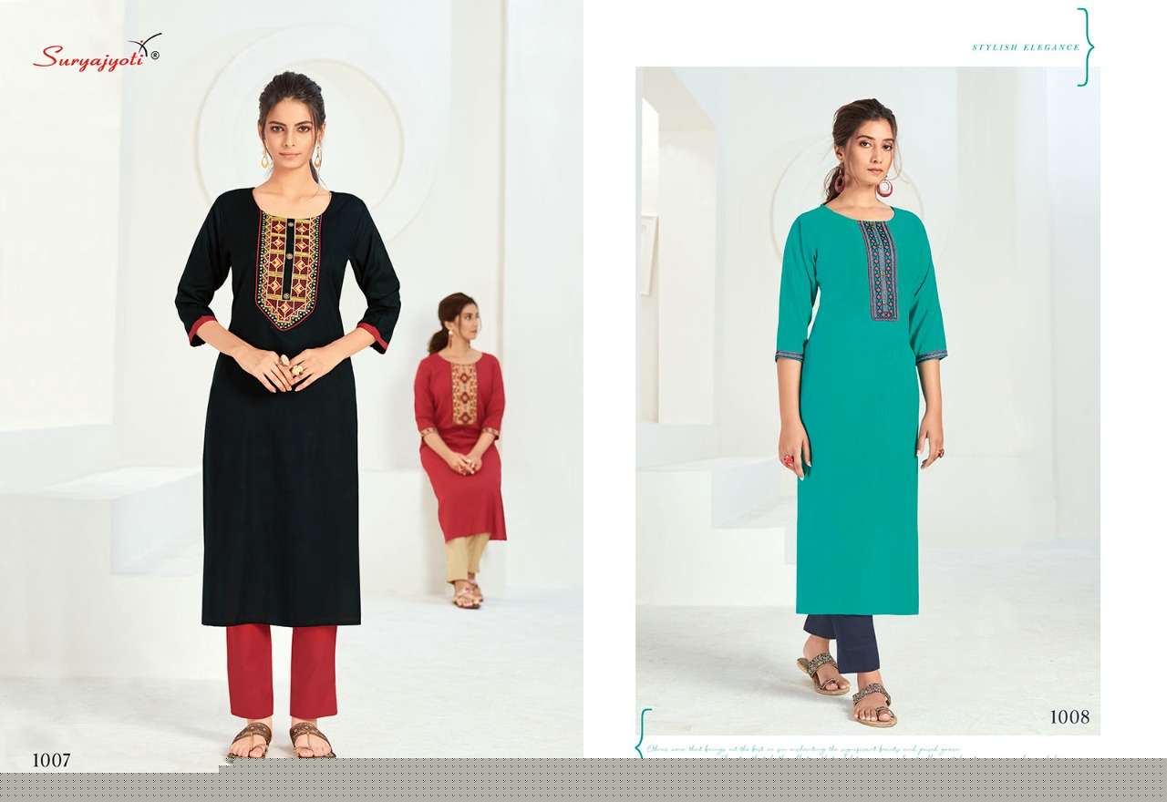 NIRJA VOL-1 BY SURYAJYOTI 1001 TO 1008 SERIES DESIGNER STYLISH FANCY COLORFUL BEAUTIFUL PARTY WEAR & ETHNIC WEAR COLLECTION RAYON EMBROIDERY KURTIS AT WHOLESALE PRICE