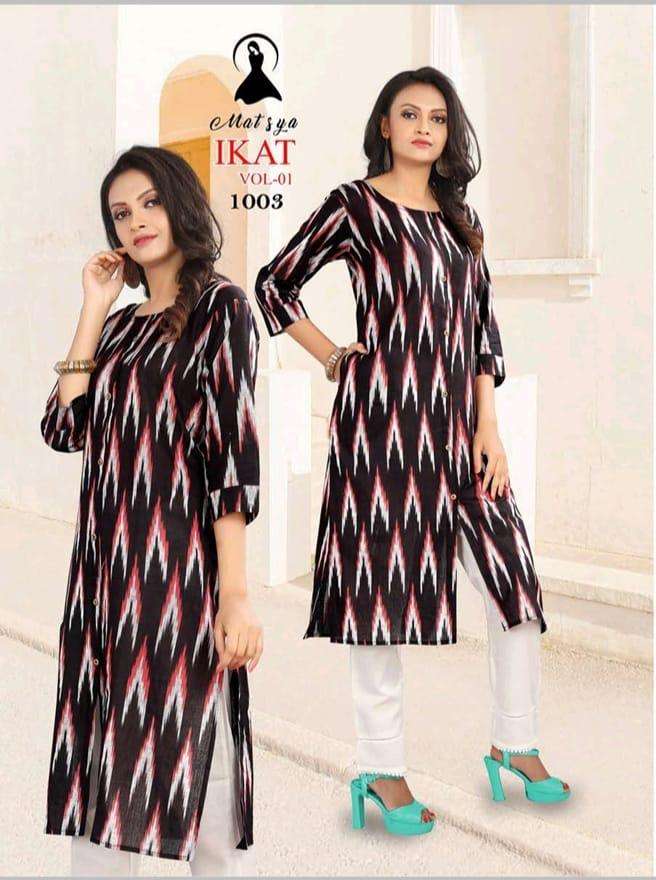 IKAAT VOL-1 BY MATSYA 1001 TO 1006 SERIES DESIGNER STYLISH FANCY COLORFUL BEAUTIFUL PARTY WEAR & ETHNIC WEAR COLLECTION HANDLOOM COTTON KURTIS AT WHOLESALE PRICE