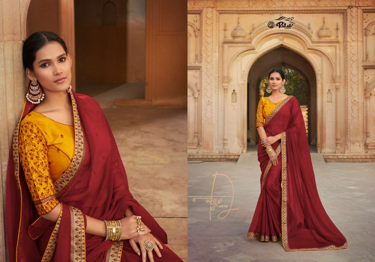 SHANKHAM VOL-18 BY PALAV 6850 TO 6859 SERIES INDIAN TRADITIONAL WEAR COLLECTION BEAUTIFUL STYLISH FANCY COLORFUL PARTY WEAR & OCCASIONAL WEAR CHIFFON SAREES AT WHOLESALE PRICE