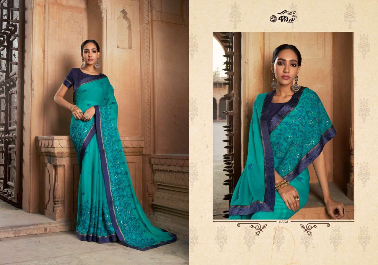 SHANKHAM VOL-18 BY PALAV 6850 TO 6859 SERIES INDIAN TRADITIONAL WEAR COLLECTION BEAUTIFUL STYLISH FANCY COLORFUL PARTY WEAR & OCCASIONAL WEAR CHIFFON SAREES AT WHOLESALE PRICE