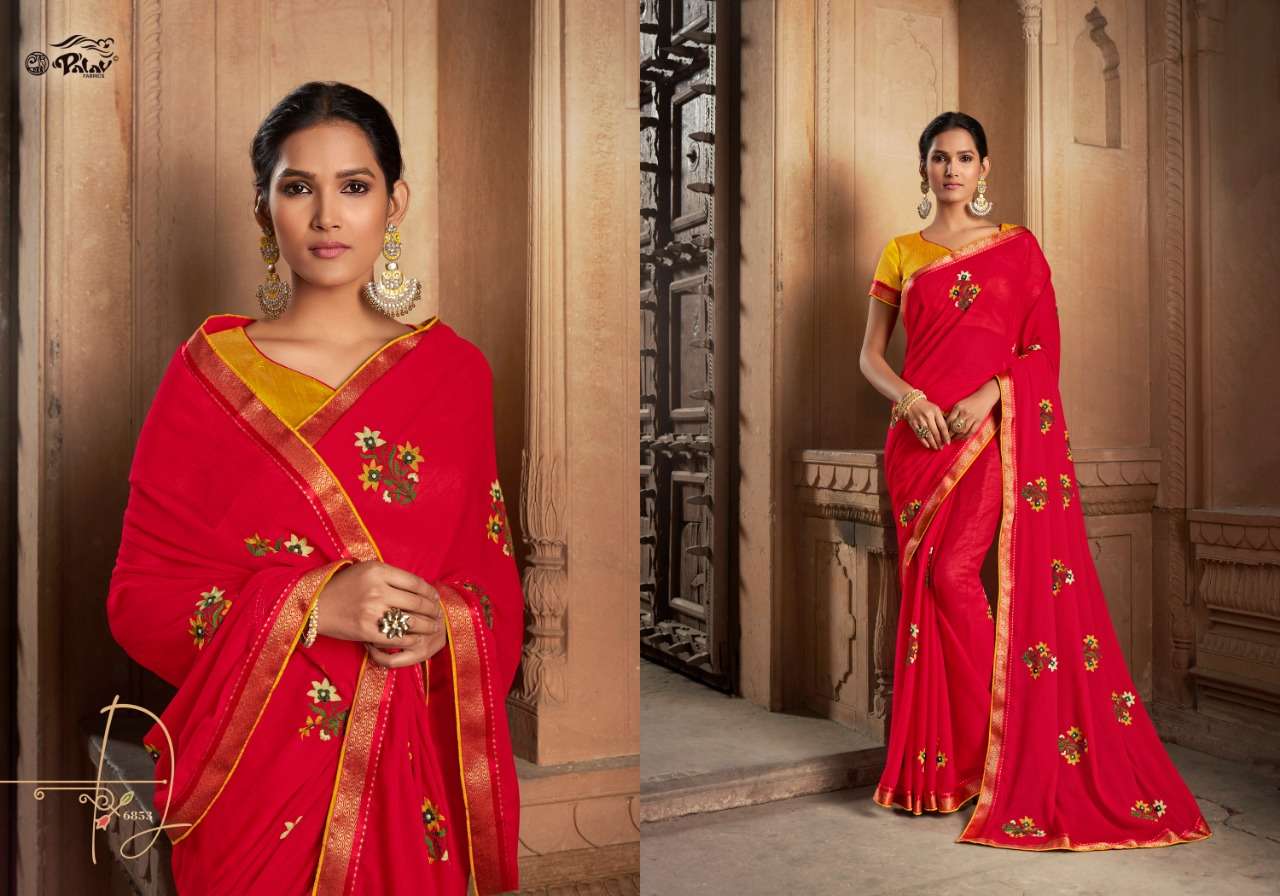 SHANKHAM VOL-18 BY PALAV 6850 TO 6859 SERIES INDIAN TRADITIONAL WEAR COLLECTION BEAUTIFUL STYLISH FANCY COLORFUL PARTY WEAR & OCCASIONAL WEAR CHIFFON SAREES AT WHOLESALE PRICE