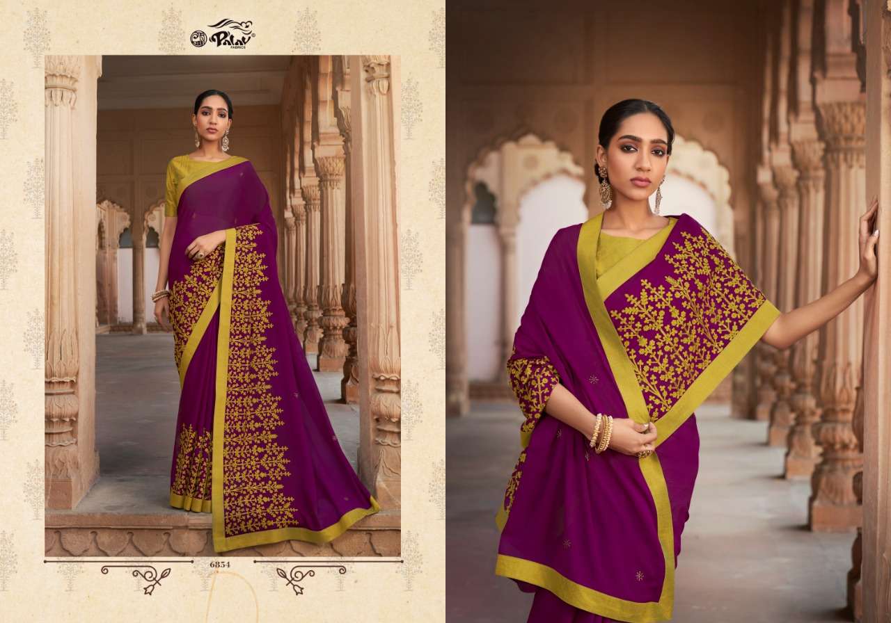 SHANKHAM VOL-18 BY PALAV 6850 TO 6859 SERIES INDIAN TRADITIONAL WEAR COLLECTION BEAUTIFUL STYLISH FANCY COLORFUL PARTY WEAR & OCCASIONAL WEAR CHIFFON SAREES AT WHOLESALE PRICE