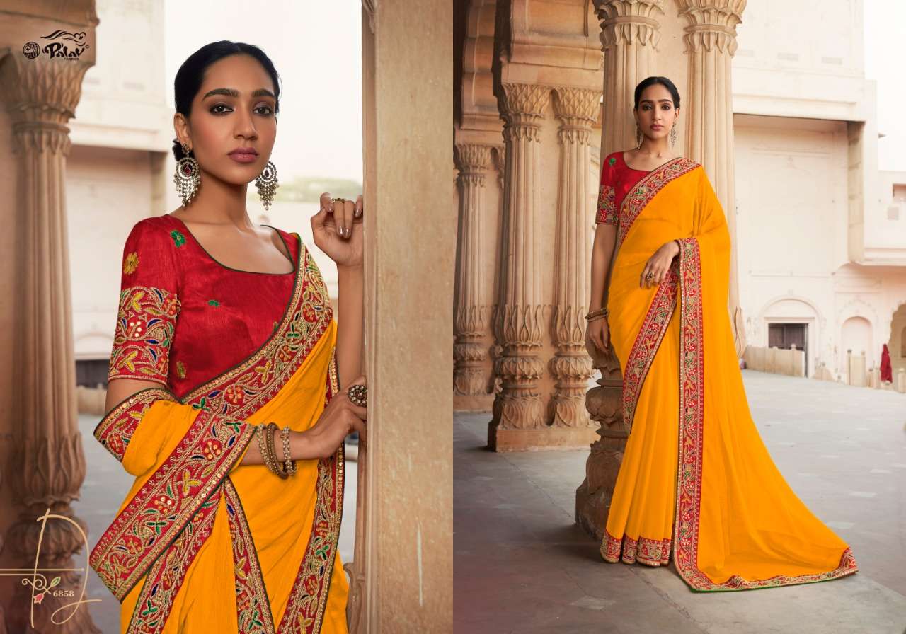 SHANKHAM VOL-18 BY PALAV 6850 TO 6859 SERIES INDIAN TRADITIONAL WEAR COLLECTION BEAUTIFUL STYLISH FANCY COLORFUL PARTY WEAR & OCCASIONAL WEAR CHIFFON SAREES AT WHOLESALE PRICE