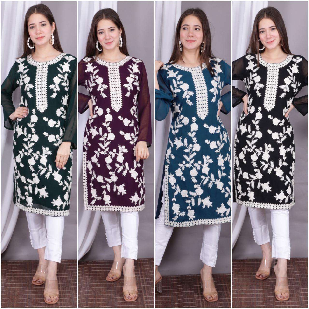 AAFREEN BY TVISHA 01 TO 04 SERIES DESIGNER STYLISH FANCY COLORFUL BEAUTIFUL PARTY WEAR & ETHNIC WEAR COLLECTION GEORGETTE EMBROIDERY KURTIS WITH BOTTOM AT WHOLESALE PRICE
