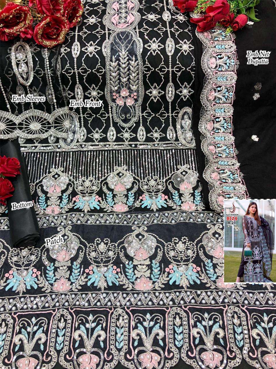 RIZA BY ALIF FASHION BEAUTIFUL PAKISTANI SUITS COLORFUL STYLISH FANCY CASUAL WEAR & ETHNIC WEAR BUTTERFLY NET EMBROIDERED DRESSES AT WHOLESALE PRICE
