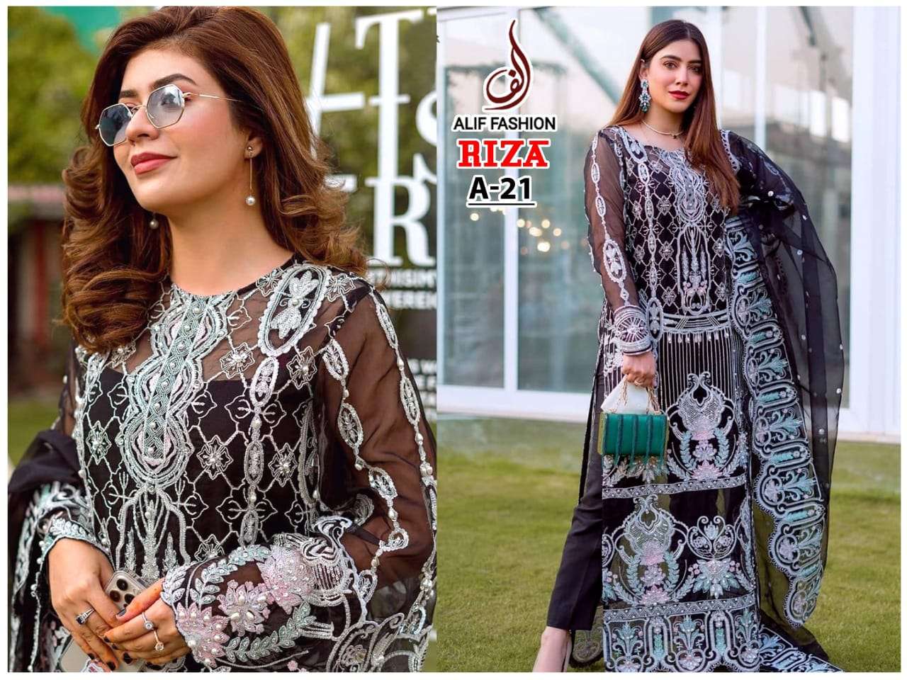 RIZA BY ALIF FASHION BEAUTIFUL PAKISTANI SUITS COLORFUL STYLISH FANCY CASUAL WEAR & ETHNIC WEAR BUTTERFLY NET EMBROIDERED DRESSES AT WHOLESALE PRICE