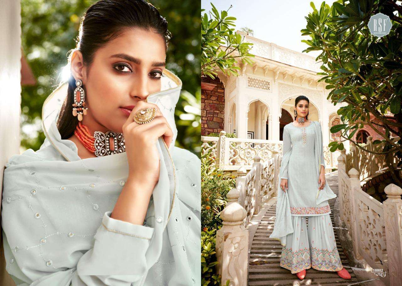 NOOR 18801 SERIES BY RIDDHI SIDDHI FASHION 18801 TO 18804 SERIES BEAUTIFUL STYLISH SHARARA SUITS FANCY COLORFUL CASUAL WEAR & ETHNIC WEAR & READY TO WEAR FAUX GEORGETTE DRESSES AT WHOLESALE PRICE