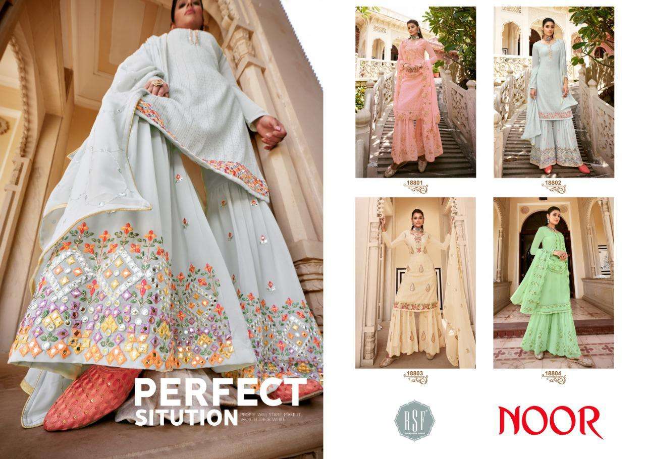 NOOR 18801 SERIES BY RIDDHI SIDDHI FASHION 18801 TO 18804 SERIES BEAUTIFUL STYLISH SHARARA SUITS FANCY COLORFUL CASUAL WEAR & ETHNIC WEAR & READY TO WEAR FAUX GEORGETTE DRESSES AT WHOLESALE PRICE