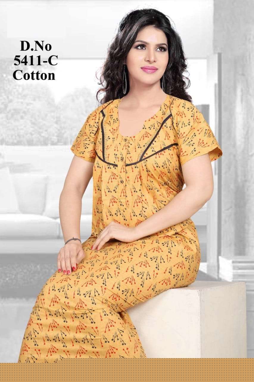 PURE COTTON NIGHTY VOL-5 BY KAAMIRI 5411-A TO 5411-D SERIES DESIGNER BEAUTIFUL STYLISH FANCY COLORFUL PARTY WEAR & OCCASIONAL WEAR COTTON GOWNS AT WHOLESALE PRICE