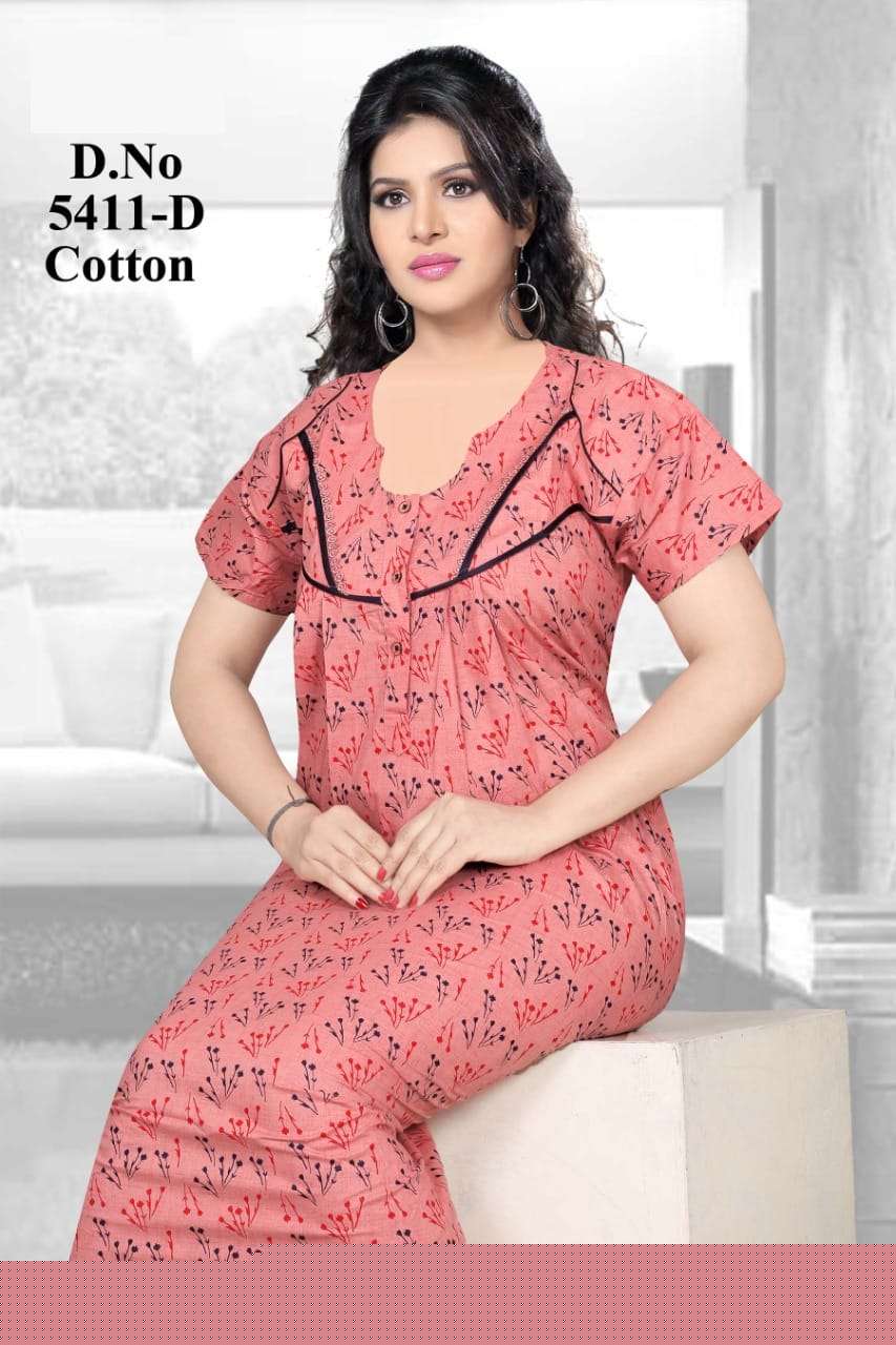 PURE COTTON NIGHTY VOL-5 BY KAAMIRI 5411-A TO 5411-D SERIES DESIGNER BEAUTIFUL STYLISH FANCY COLORFUL PARTY WEAR & OCCASIONAL WEAR COTTON GOWNS AT WHOLESALE PRICE