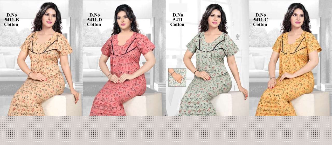 PURE COTTON NIGHTY VOL-5 BY KAAMIRI 5411-A TO 5411-D SERIES DESIGNER BEAUTIFUL STYLISH FANCY COLORFUL PARTY WEAR & OCCASIONAL WEAR COTTON GOWNS AT WHOLESALE PRICE