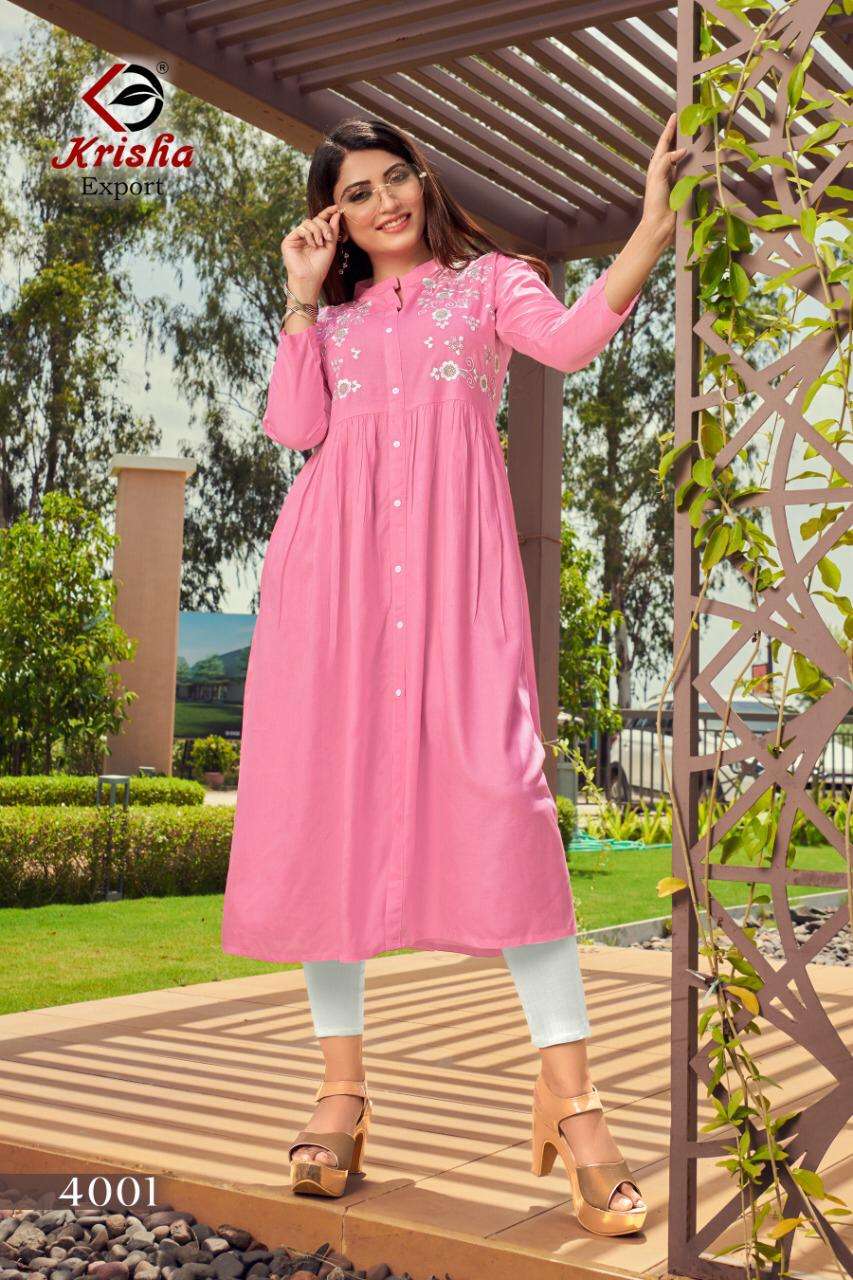 MOHINI BY KRISHA EXPORTS 4001 TO 4005 SERIES DESIGNER STYLISH FANCY COLORFUL BEAUTIFUL PARTY WEAR & ETHNIC WEAR COLLECTION RAYON EMBROIDERY KURTIS AT WHOLESALE PRICE