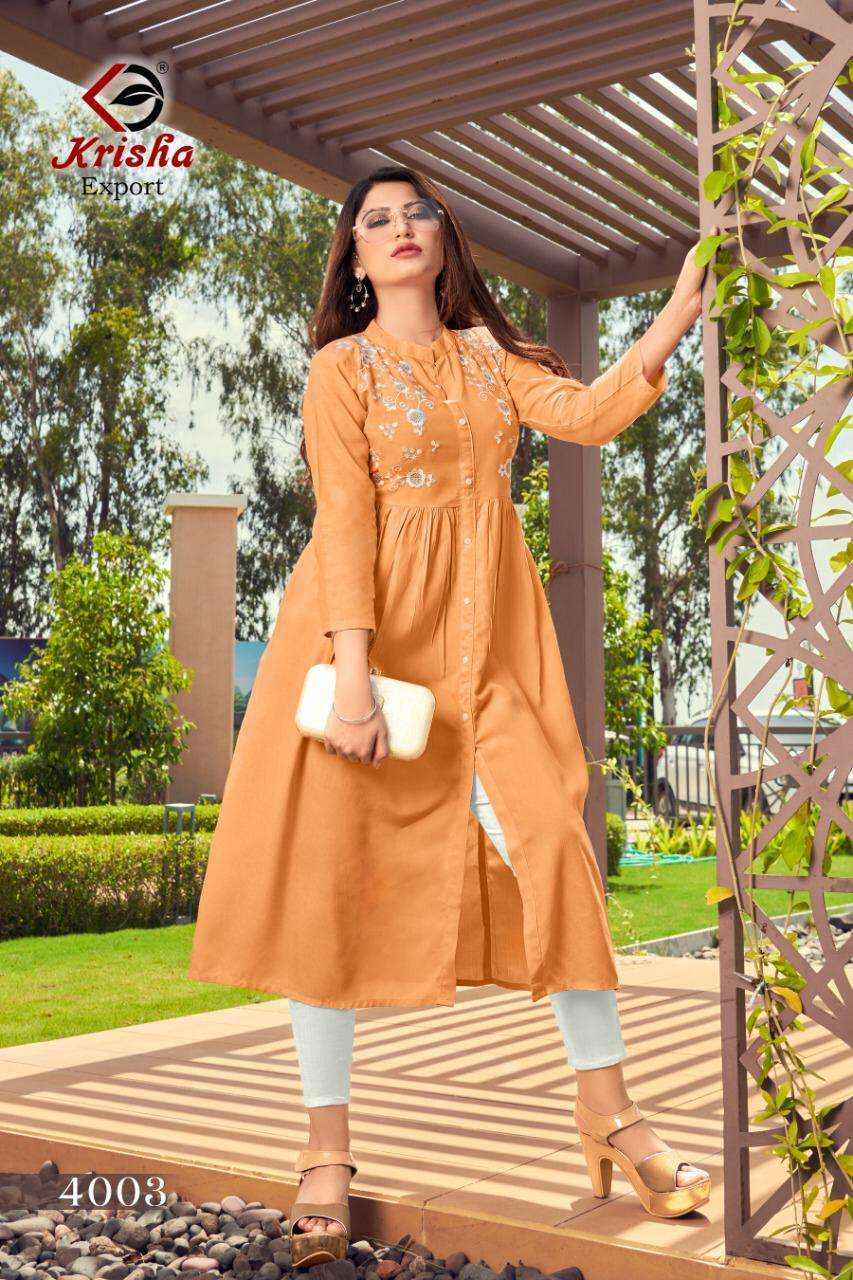 MOHINI BY KRISHA EXPORTS 4001 TO 4005 SERIES DESIGNER STYLISH FANCY COLORFUL BEAUTIFUL PARTY WEAR & ETHNIC WEAR COLLECTION RAYON EMBROIDERY KURTIS AT WHOLESALE PRICE