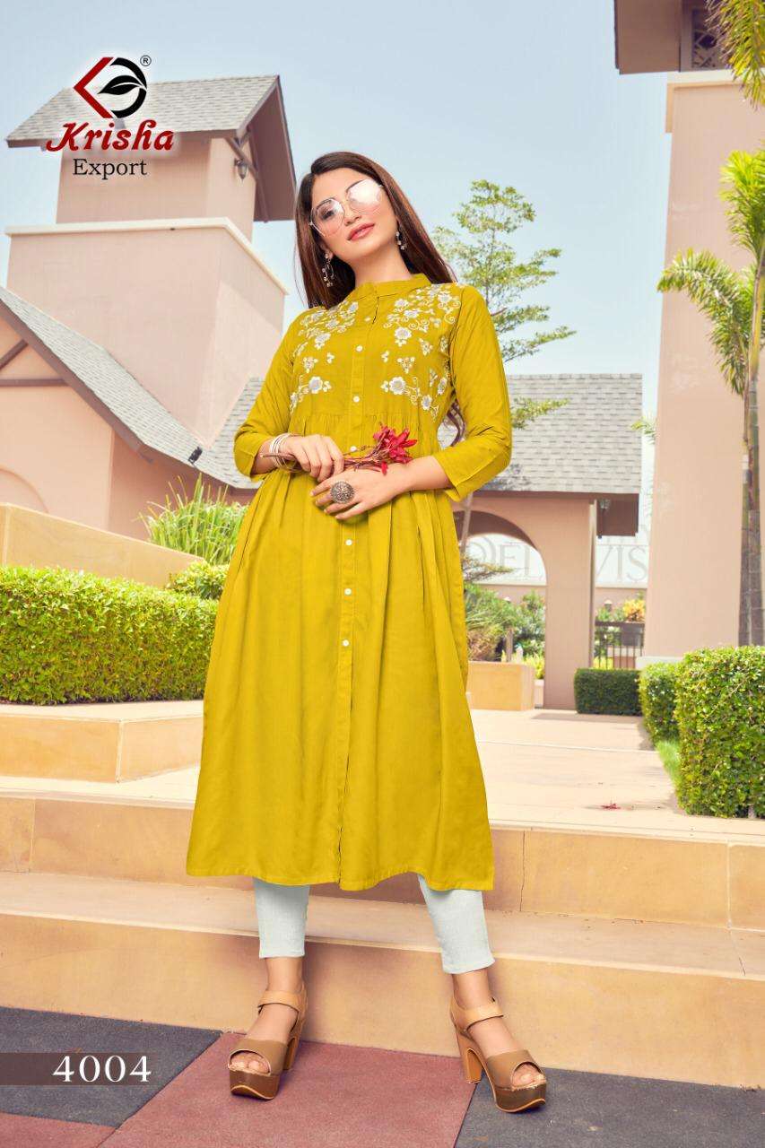 MOHINI BY KRISHA EXPORTS 4001 TO 4005 SERIES DESIGNER STYLISH FANCY COLORFUL BEAUTIFUL PARTY WEAR & ETHNIC WEAR COLLECTION RAYON EMBROIDERY KURTIS AT WHOLESALE PRICE