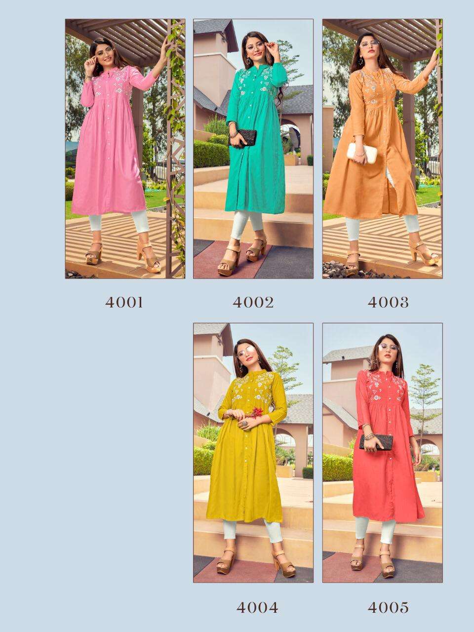 MOHINI BY KRISHA EXPORTS 4001 TO 4005 SERIES DESIGNER STYLISH FANCY COLORFUL BEAUTIFUL PARTY WEAR & ETHNIC WEAR COLLECTION RAYON EMBROIDERY KURTIS AT WHOLESALE PRICE