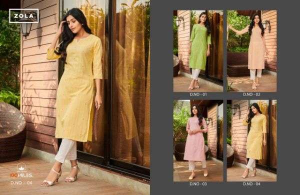 ZOLA BY 100 MILES 01 TO 04 SERIES DESIGNER STYLISH FANCY COLORFUL BEAUTIFUL PARTY WEAR & ETHNIC WEAR COLLECTION COTTON EMBROIDERY KURTIS AT WHOLESALE PRICE