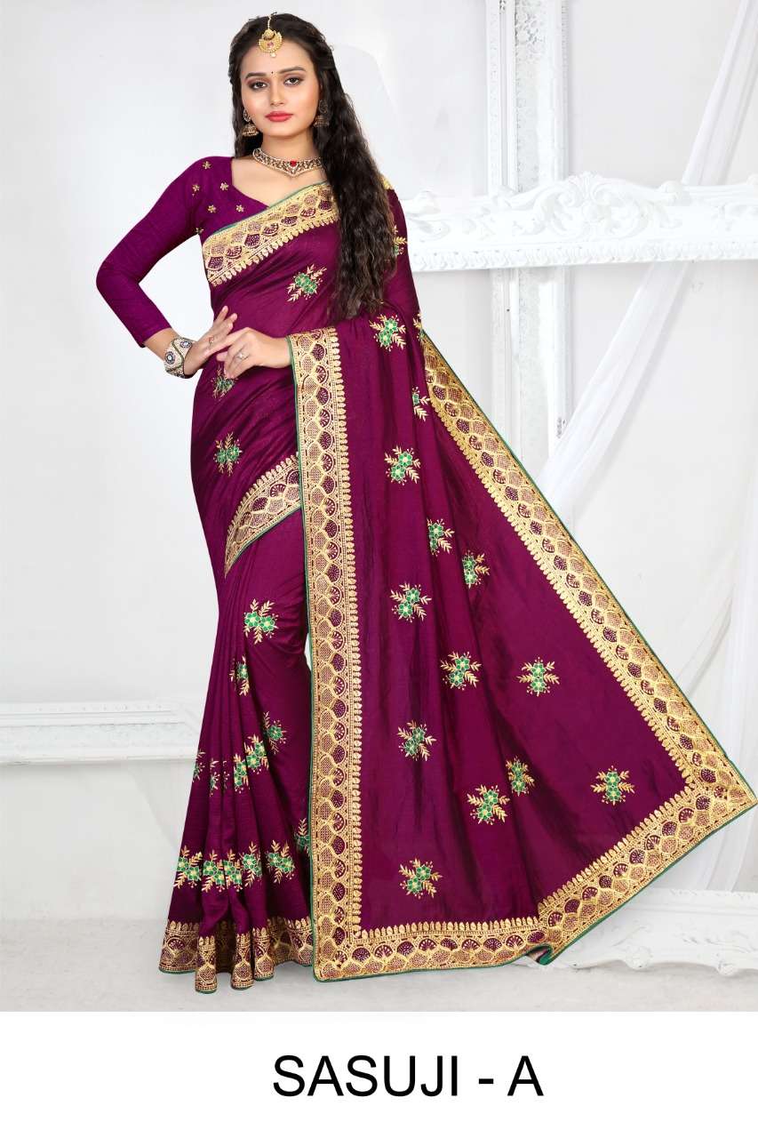 SASUJI BY RANJNA A TO F SERIES INDIAN TRADITIONAL WEAR COLLECTION BEAUTIFUL STYLISH FANCY COLORFUL PARTY WEAR & OCCASIONAL WEAR VICHITRA SILK SAREES AT WHOLESALE PRICE