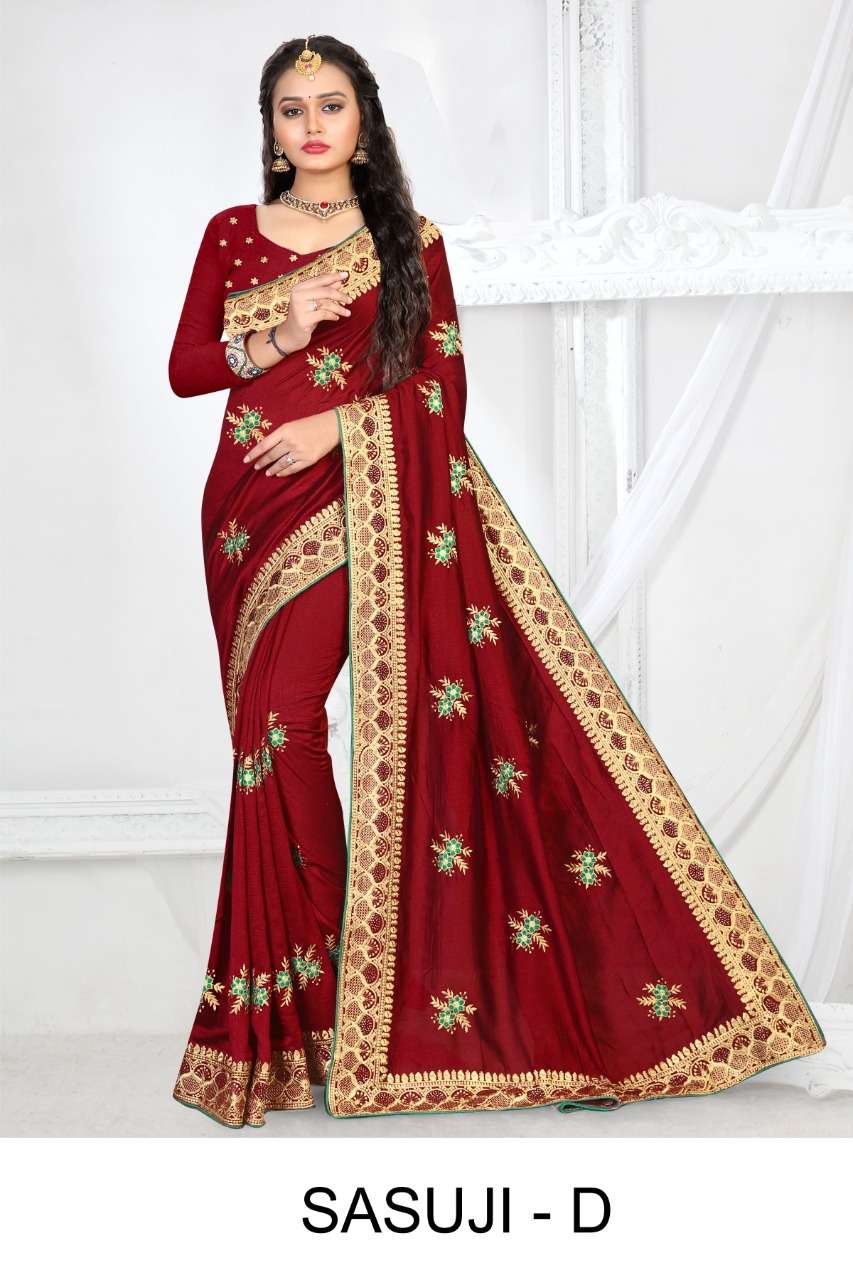 SASUJI BY RANJNA A TO F SERIES INDIAN TRADITIONAL WEAR COLLECTION BEAUTIFUL STYLISH FANCY COLORFUL PARTY WEAR & OCCASIONAL WEAR VICHITRA SILK SAREES AT WHOLESALE PRICE