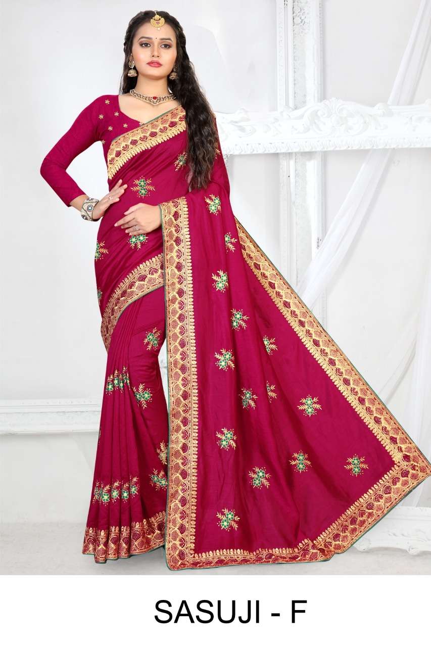 SASUJI BY RANJNA A TO F SERIES INDIAN TRADITIONAL WEAR COLLECTION BEAUTIFUL STYLISH FANCY COLORFUL PARTY WEAR & OCCASIONAL WEAR VICHITRA SILK SAREES AT WHOLESALE PRICE