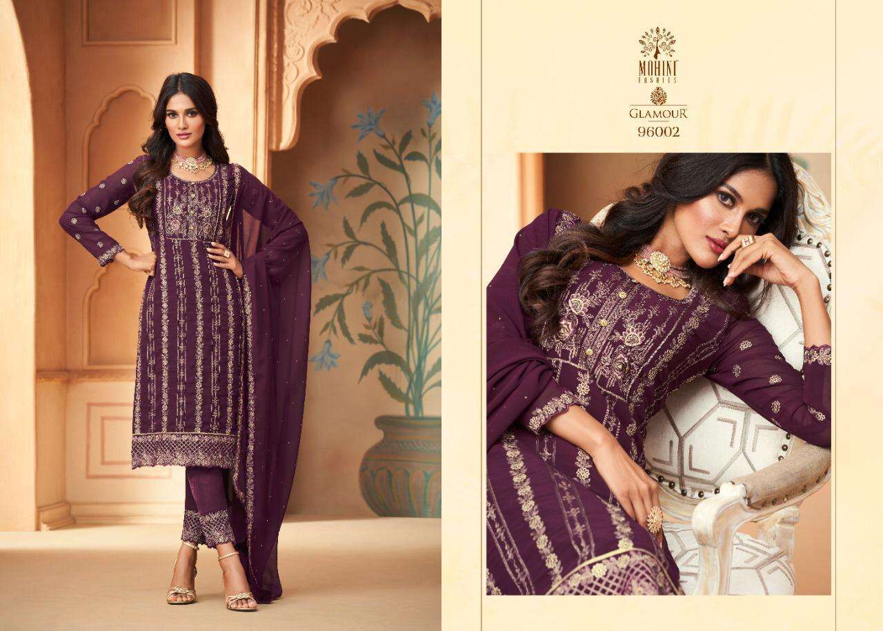 GLAMOUR VOL-96 BY MOHINI FASHION 96001 TO 96006 SERIES DESIGNER FESTIVE SHARARA SUITS COLLECTION BEAUTIFUL STYLISH FANCY COLORFUL PARTY WEAR & OCCASIONAL WEAR GEORGETTE EMBROIDERED DRESSES AT WHOLESALE PRICE