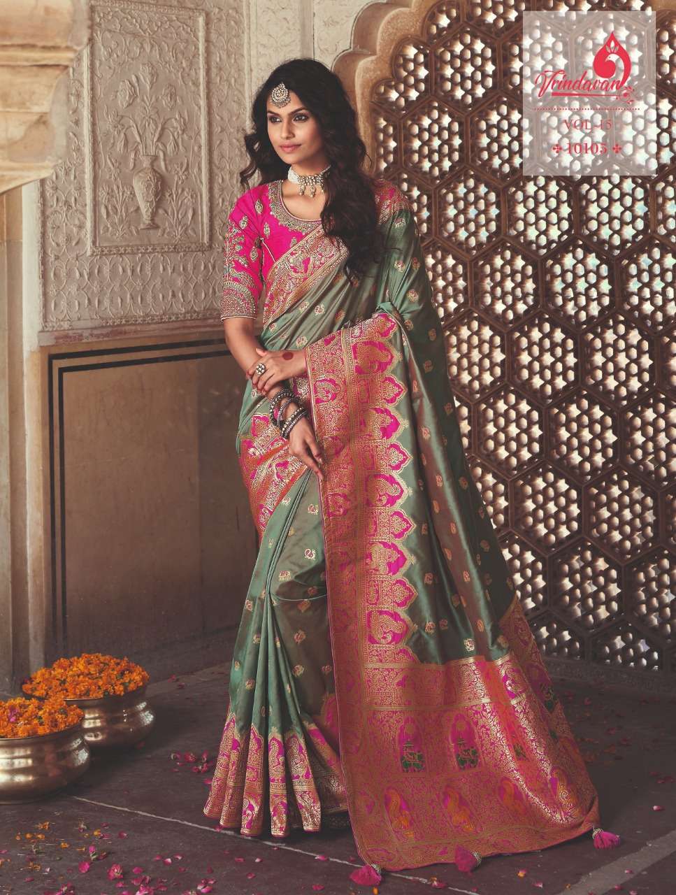 VRINDAVAN VOL-15 BY VRINDAVAN 10103 TO 10117 SERIES INDIAN TRADITIONAL WEAR COLLECTION BEAUTIFUL STYLISH FANCY COLORFUL PARTY WEAR & OCCASIONAL WEAR SILK SAREES AT WHOLESALE PRICE