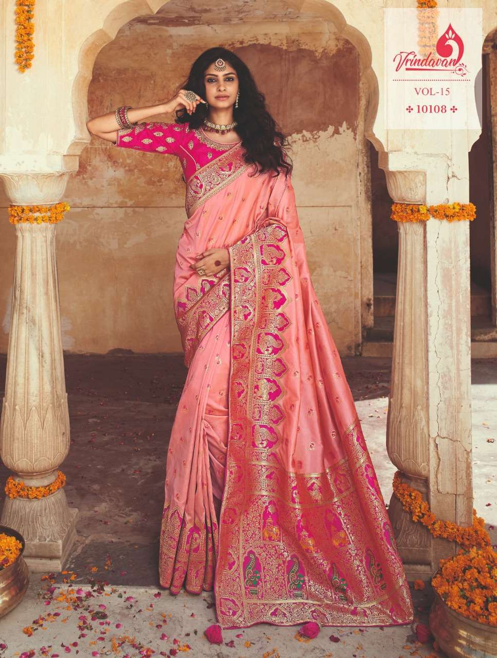 VRINDAVAN VOL-15 BY VRINDAVAN 10103 TO 10117 SERIES INDIAN TRADITIONAL WEAR COLLECTION BEAUTIFUL STYLISH FANCY COLORFUL PARTY WEAR & OCCASIONAL WEAR SILK SAREES AT WHOLESALE PRICE