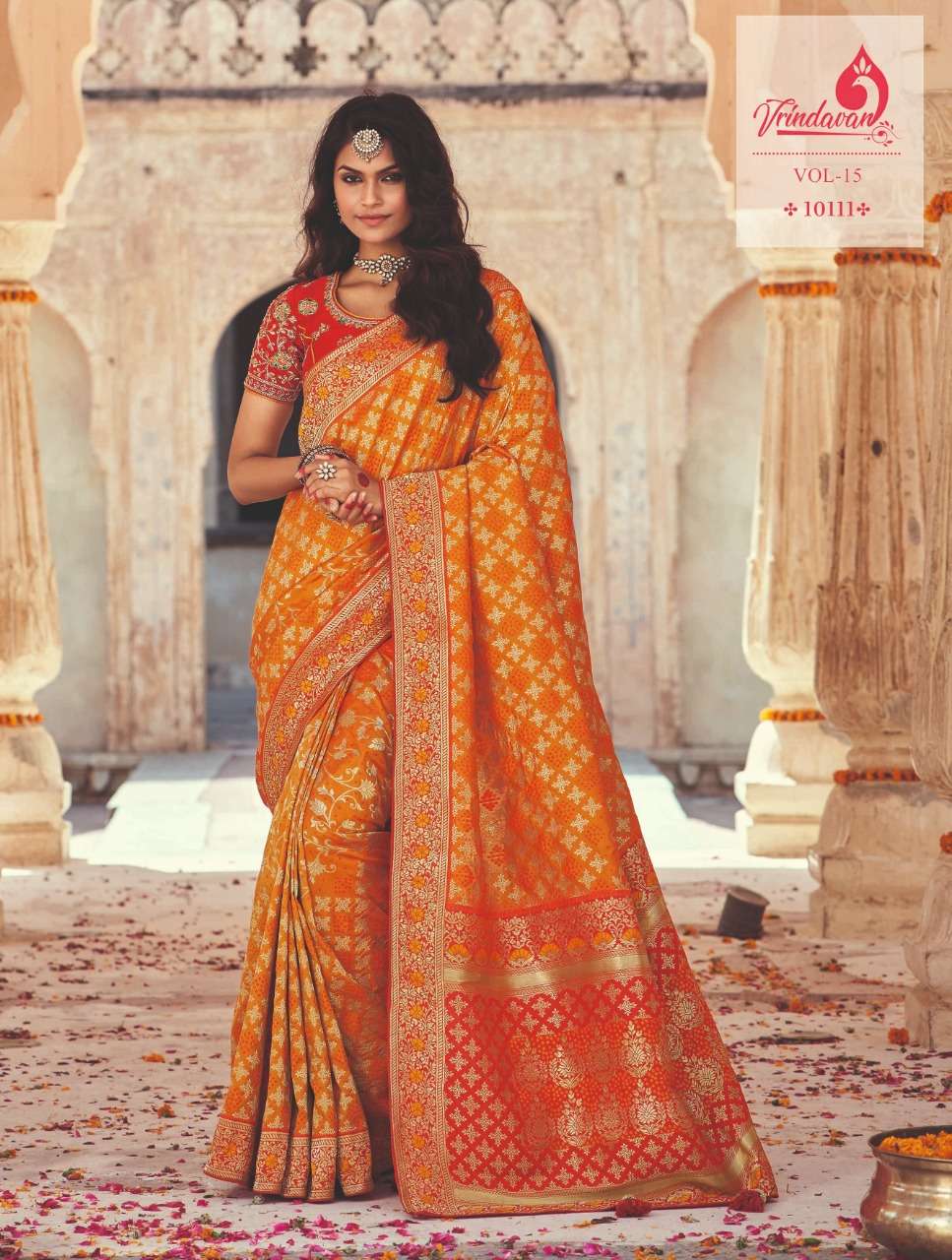 VRINDAVAN VOL-15 BY VRINDAVAN 10103 TO 10117 SERIES INDIAN TRADITIONAL WEAR COLLECTION BEAUTIFUL STYLISH FANCY COLORFUL PARTY WEAR & OCCASIONAL WEAR SILK SAREES AT WHOLESALE PRICE