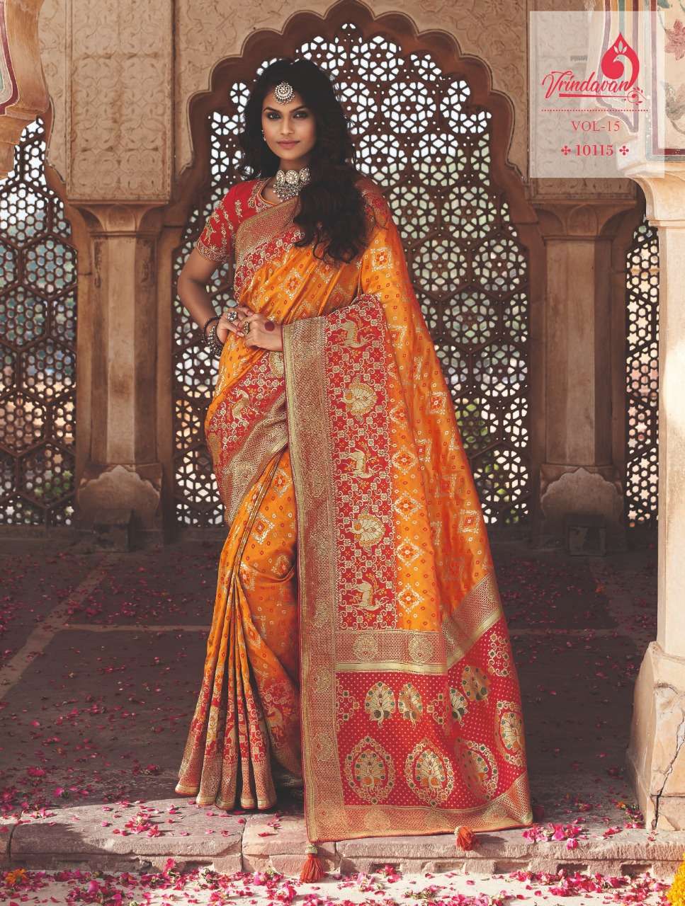VRINDAVAN VOL-15 BY VRINDAVAN 10103 TO 10117 SERIES INDIAN TRADITIONAL WEAR COLLECTION BEAUTIFUL STYLISH FANCY COLORFUL PARTY WEAR & OCCASIONAL WEAR SILK SAREES AT WHOLESALE PRICE