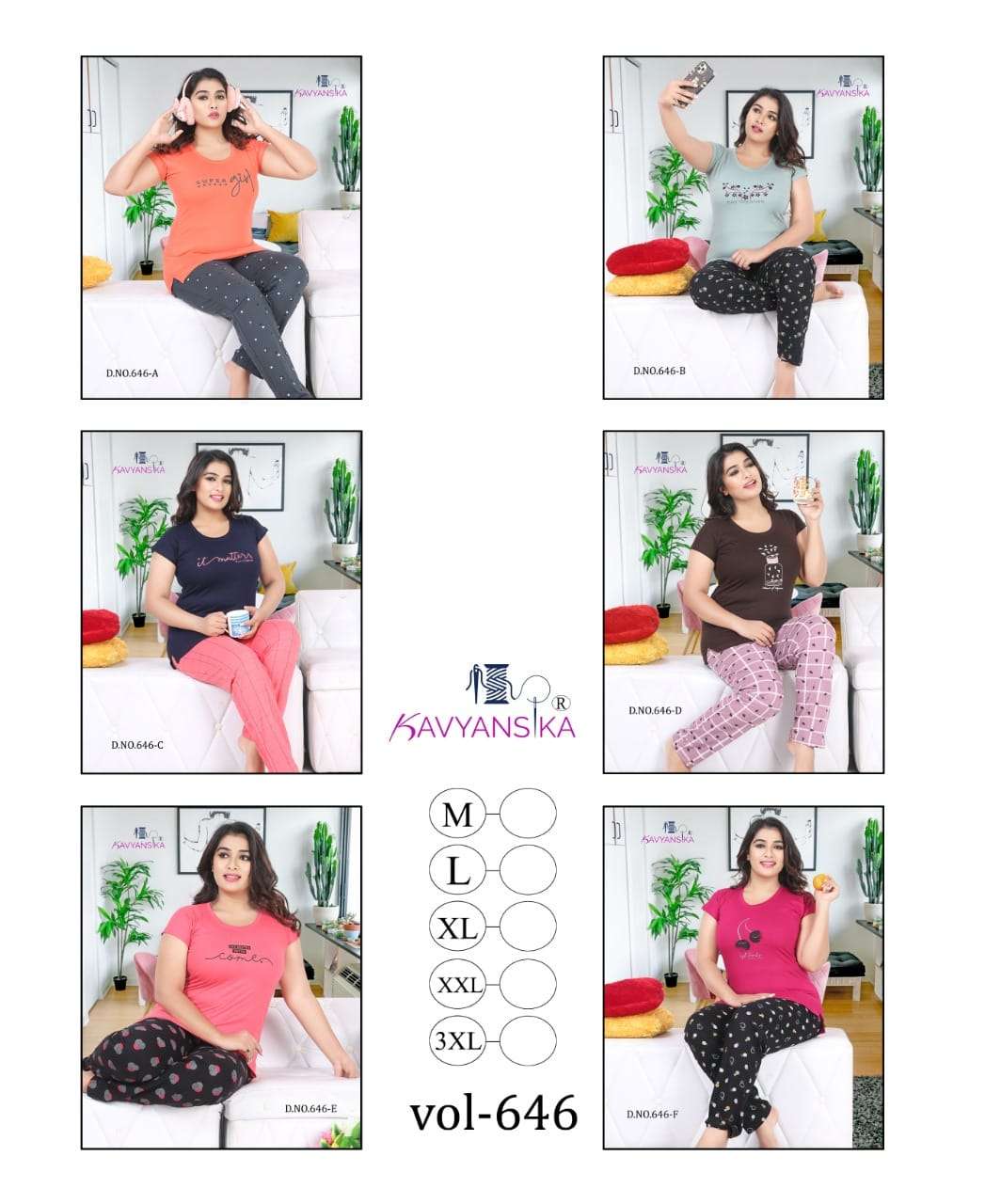 KAVYANSHIKA VOL-646 BY KAVYANSHIKA 646-A TO 646-F SERIES BEAUTIFUL STYLISH COLORFUL FANCY PARTY WEAR & ETHNIC WEAR & READY TO WEAR HOSIERY COTTON NIGHT SUITS AT WHOLESALE PRICE