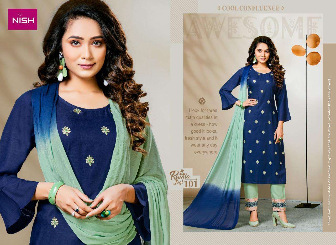 RAMTA JOGI BY NISH 101 TO 106 SERIES BEAUTIFUL SUITS COLORFUL STYLISH FANCY CASUAL WEAR & ETHNIC WEAR RAYON SLUB DRESSES AT WHOLESALE PRICE