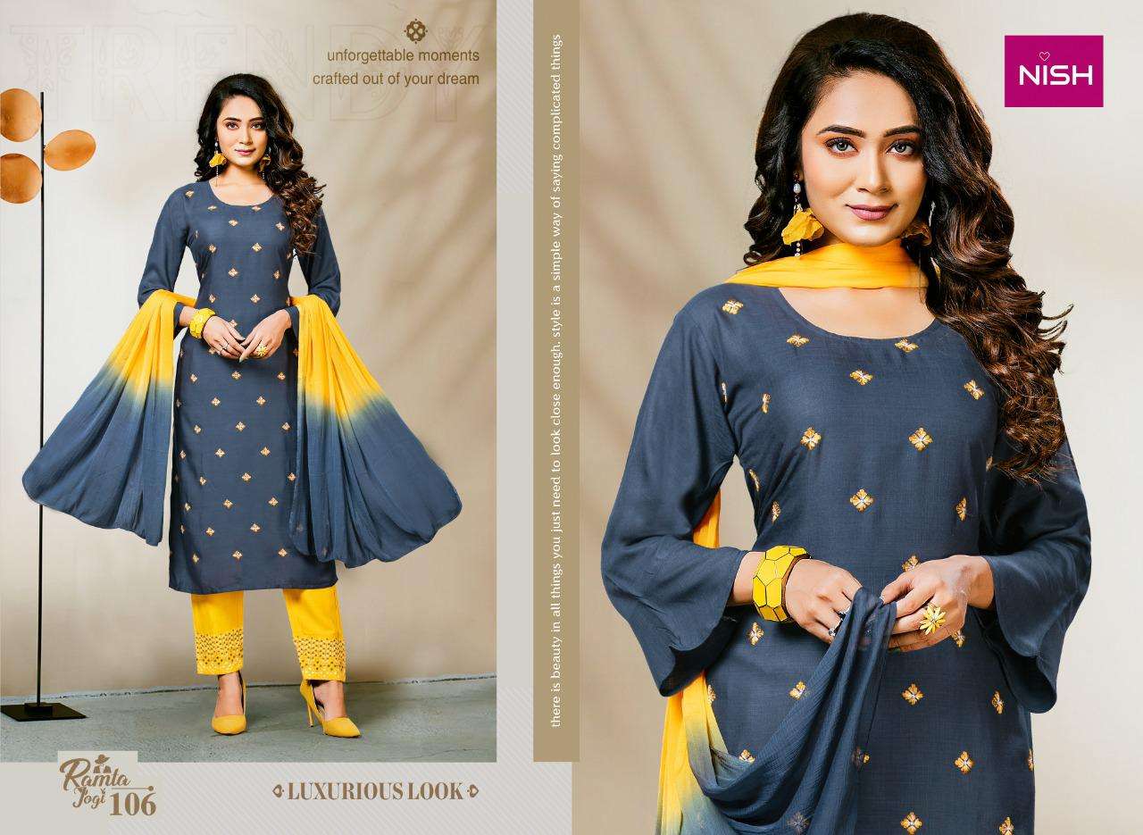 RAMTA JOGI BY NISH 101 TO 106 SERIES BEAUTIFUL SUITS COLORFUL STYLISH FANCY CASUAL WEAR & ETHNIC WEAR RAYON SLUB DRESSES AT WHOLESALE PRICE