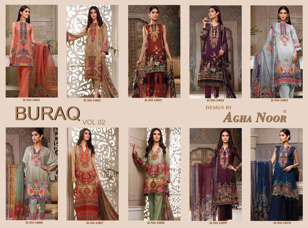 Buraq Vol-2 By Agha Noor 1001 To 1010 Series Beautiful Stylish Suits Fancy Colorful Casual Wear & Ethnic Wear & Ready To Wear Jam Satin Cotton Printed Dresses At Wholesale Price