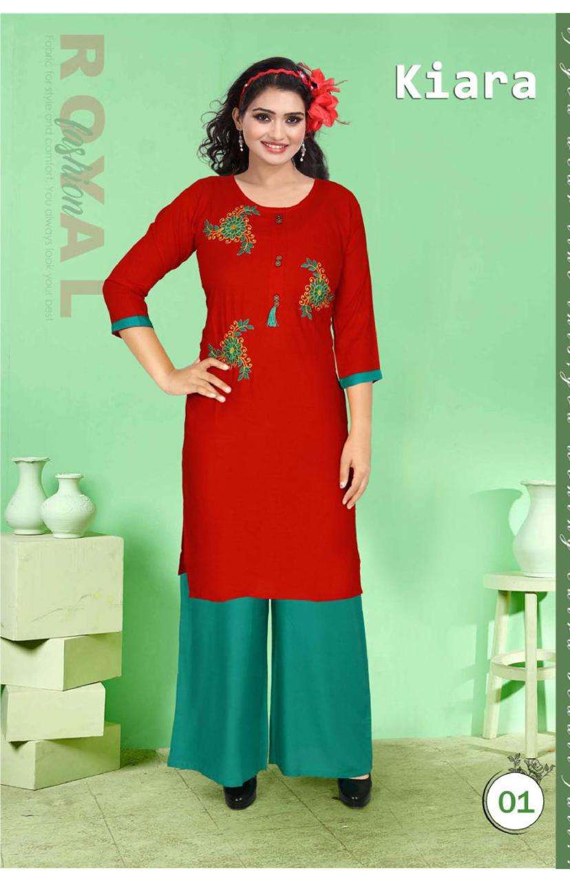 KIARA BY POOJA 01 TO 10 SERIES DESIGNER STYLISH FANCY COLORFUL BEAUTIFUL PARTY WEAR & ETHNIC WEAR COLLECTION RAYON EMBROIDERY KURTIS WITH BOTTOM AT WHOLESALE PRICE