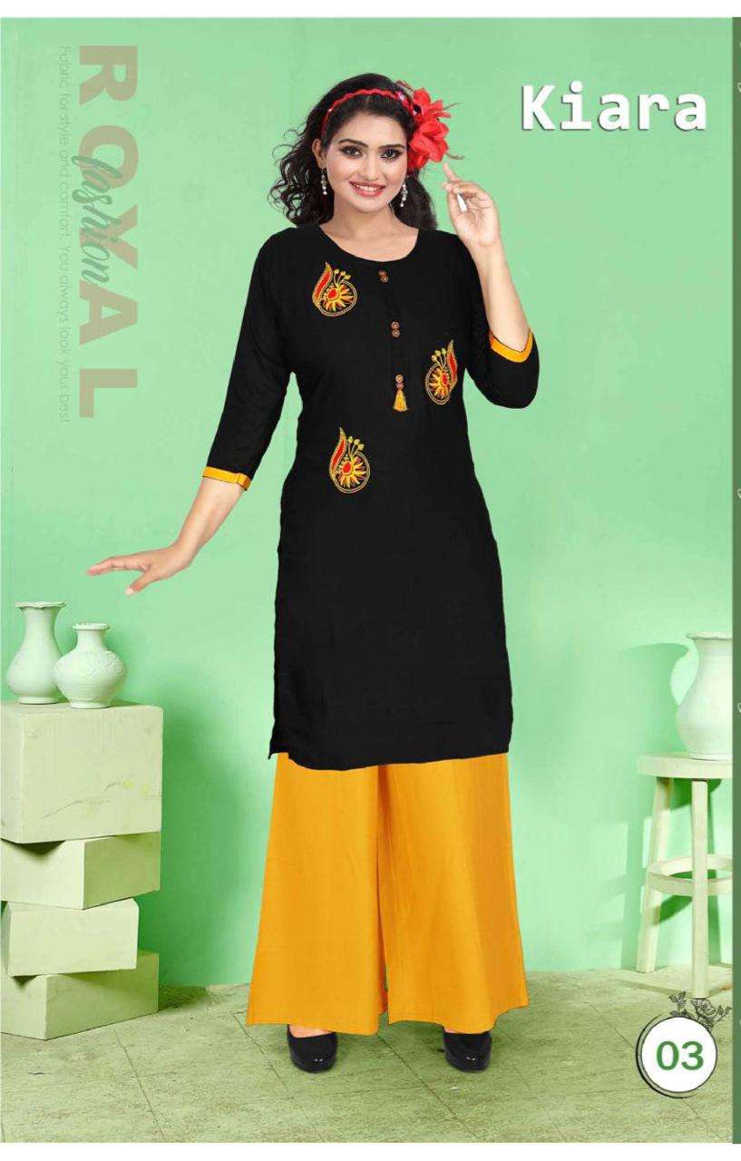 KIARA BY POOJA 01 TO 10 SERIES DESIGNER STYLISH FANCY COLORFUL BEAUTIFUL PARTY WEAR & ETHNIC WEAR COLLECTION RAYON EMBROIDERY KURTIS WITH BOTTOM AT WHOLESALE PRICE