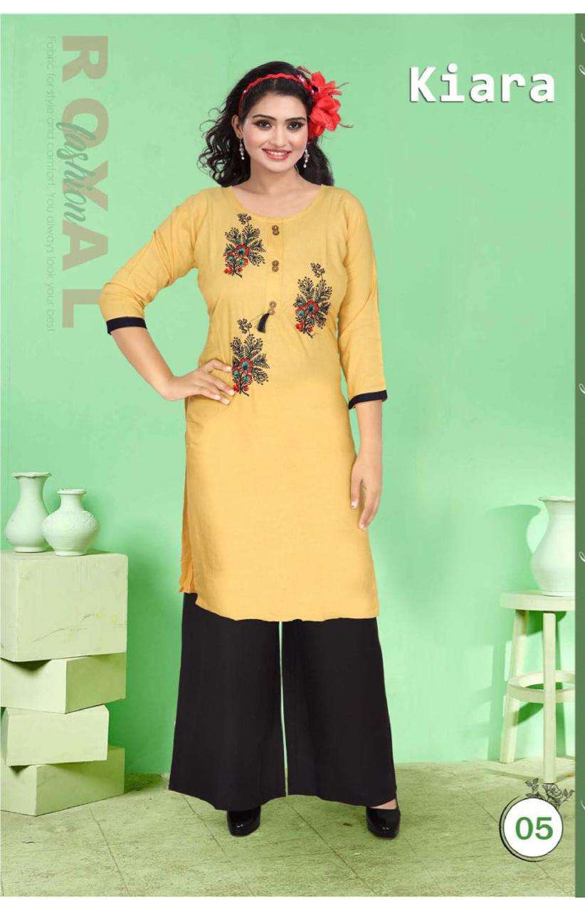 KIARA BY POOJA 01 TO 10 SERIES DESIGNER STYLISH FANCY COLORFUL BEAUTIFUL PARTY WEAR & ETHNIC WEAR COLLECTION RAYON EMBROIDERY KURTIS WITH BOTTOM AT WHOLESALE PRICE