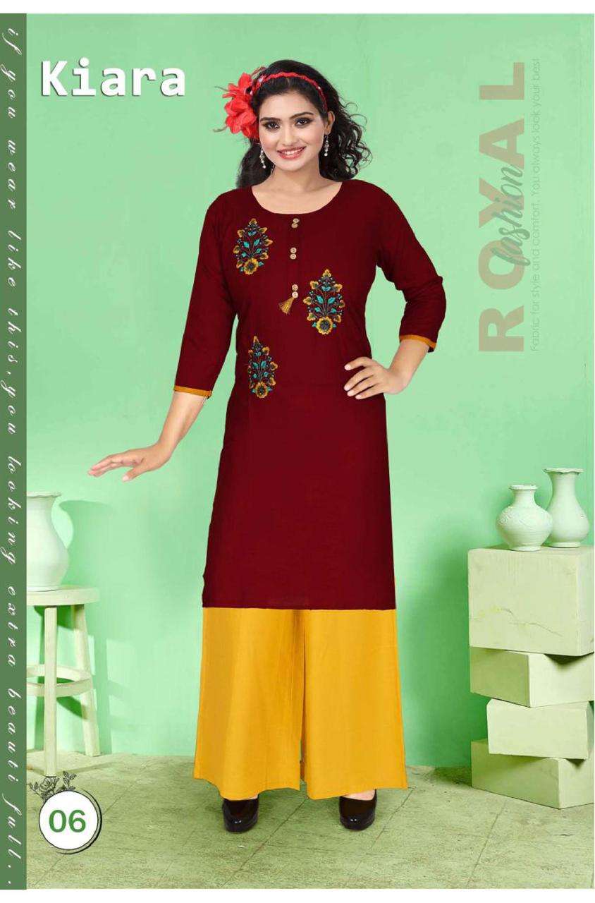 KIARA BY POOJA 01 TO 10 SERIES DESIGNER STYLISH FANCY COLORFUL BEAUTIFUL PARTY WEAR & ETHNIC WEAR COLLECTION RAYON EMBROIDERY KURTIS WITH BOTTOM AT WHOLESALE PRICE