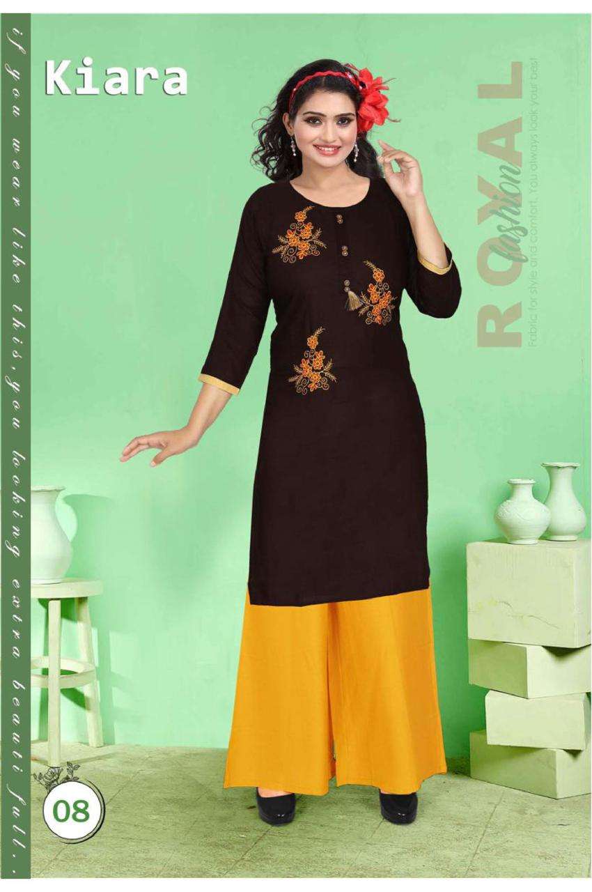 KIARA BY POOJA 01 TO 10 SERIES DESIGNER STYLISH FANCY COLORFUL BEAUTIFUL PARTY WEAR & ETHNIC WEAR COLLECTION RAYON EMBROIDERY KURTIS WITH BOTTOM AT WHOLESALE PRICE