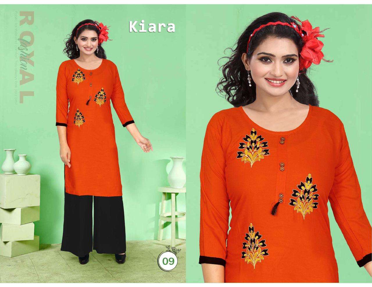KIARA BY POOJA 01 TO 10 SERIES DESIGNER STYLISH FANCY COLORFUL BEAUTIFUL PARTY WEAR & ETHNIC WEAR COLLECTION RAYON EMBROIDERY KURTIS WITH BOTTOM AT WHOLESALE PRICE