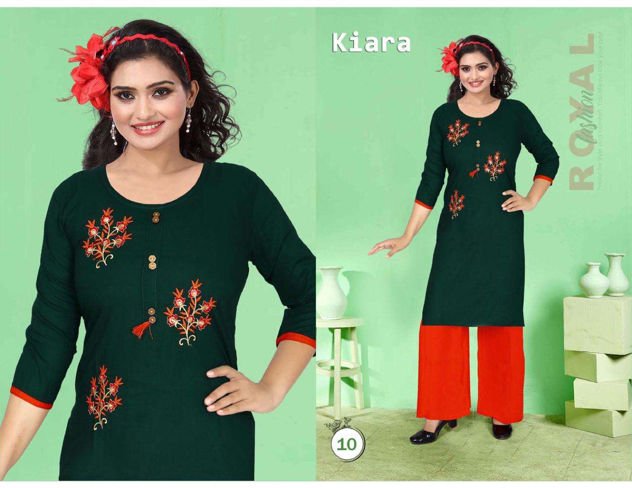 KIARA BY POOJA 01 TO 10 SERIES DESIGNER STYLISH FANCY COLORFUL BEAUTIFUL PARTY WEAR & ETHNIC WEAR COLLECTION RAYON EMBROIDERY KURTIS WITH BOTTOM AT WHOLESALE PRICE