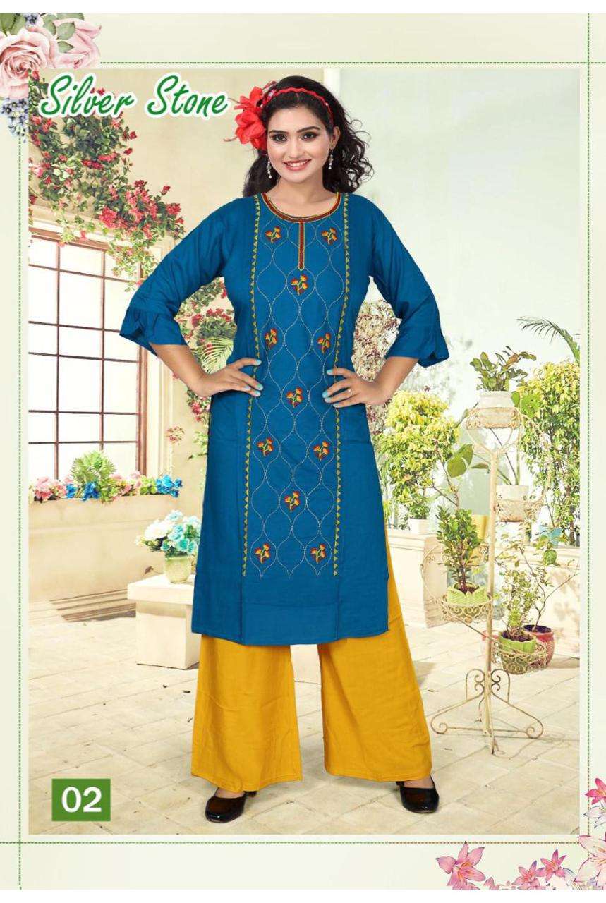 SILVER STONE BY POOJA 01 TO 10 SERIES DESIGNER STYLISH FANCY COLORFUL BEAUTIFUL PARTY WEAR & ETHNIC WEAR COLLECTION RAYON EMBROIDERY KURTIS WITH BOTTOM AT WHOLESALE PRICE